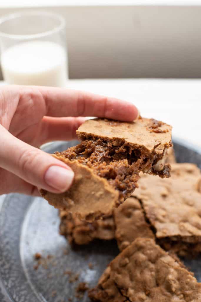 pulling apart the gooey center of a walnut bar