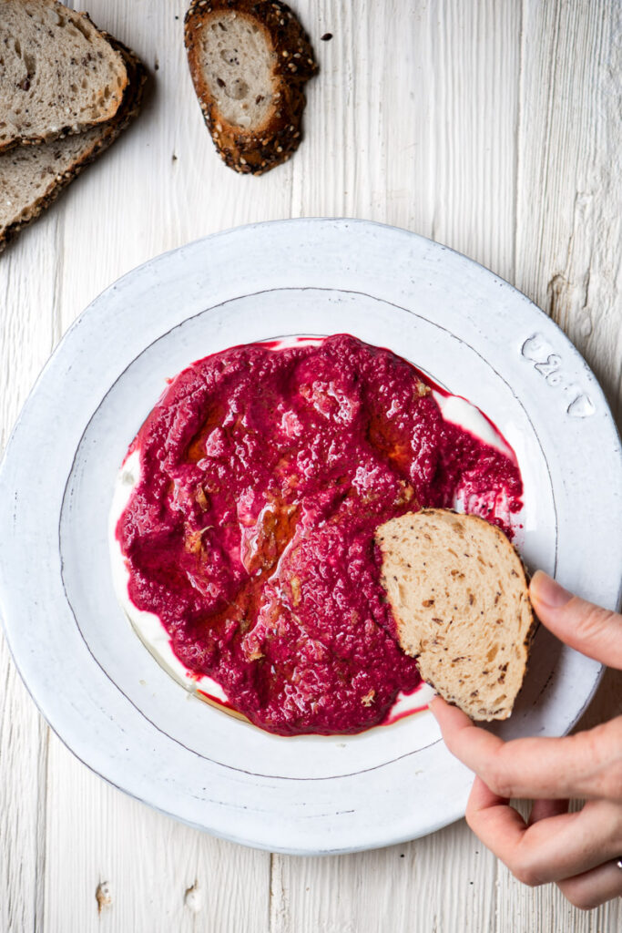 beet and walnut dip with Greek yogurt and toast