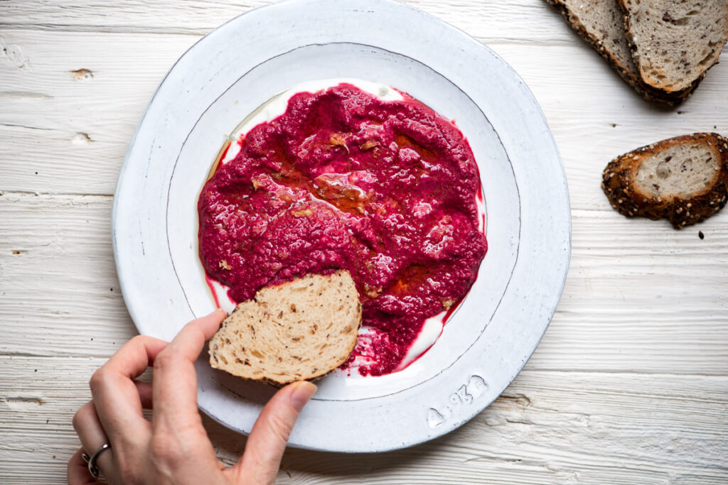 beet walnut dip with yogurt and toast