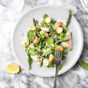 asparagus watercress salad with rotisserie chicken and baby potatoes