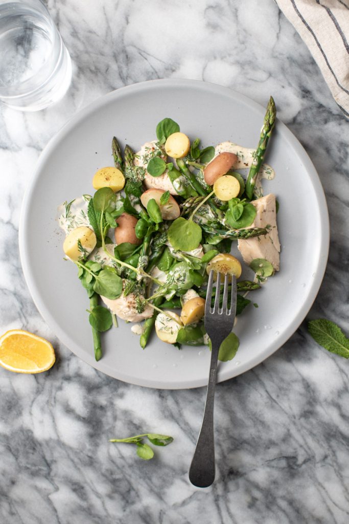 asparagus rotisserie chicken watercress salad with dill Dijon dressing