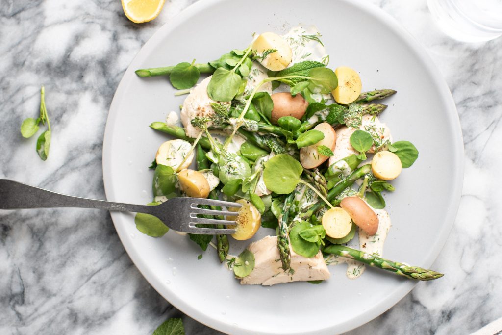 cold asparagus salad with watercress and chicken