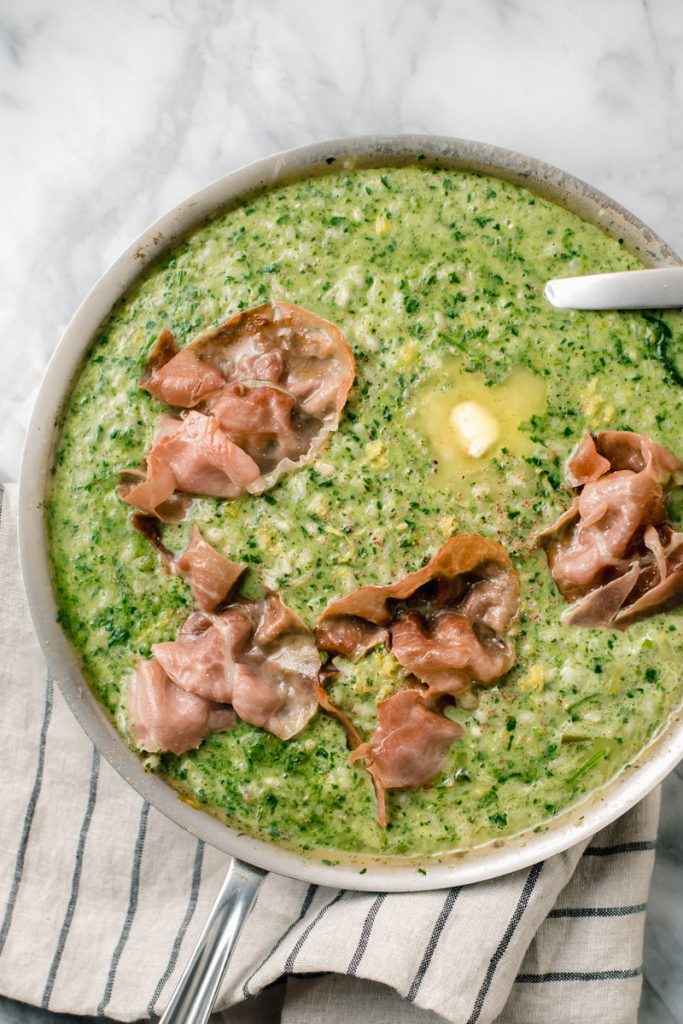 spinach and lemon risotto with crispy prosciutto