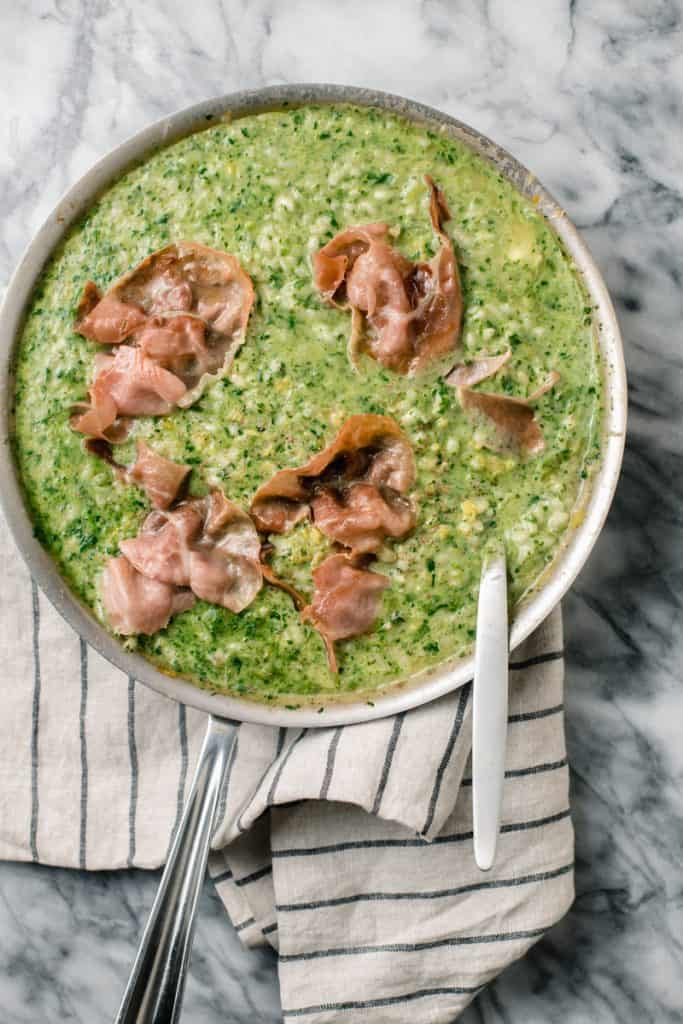 spinach risotto with lemon zest and crispy prosciutto