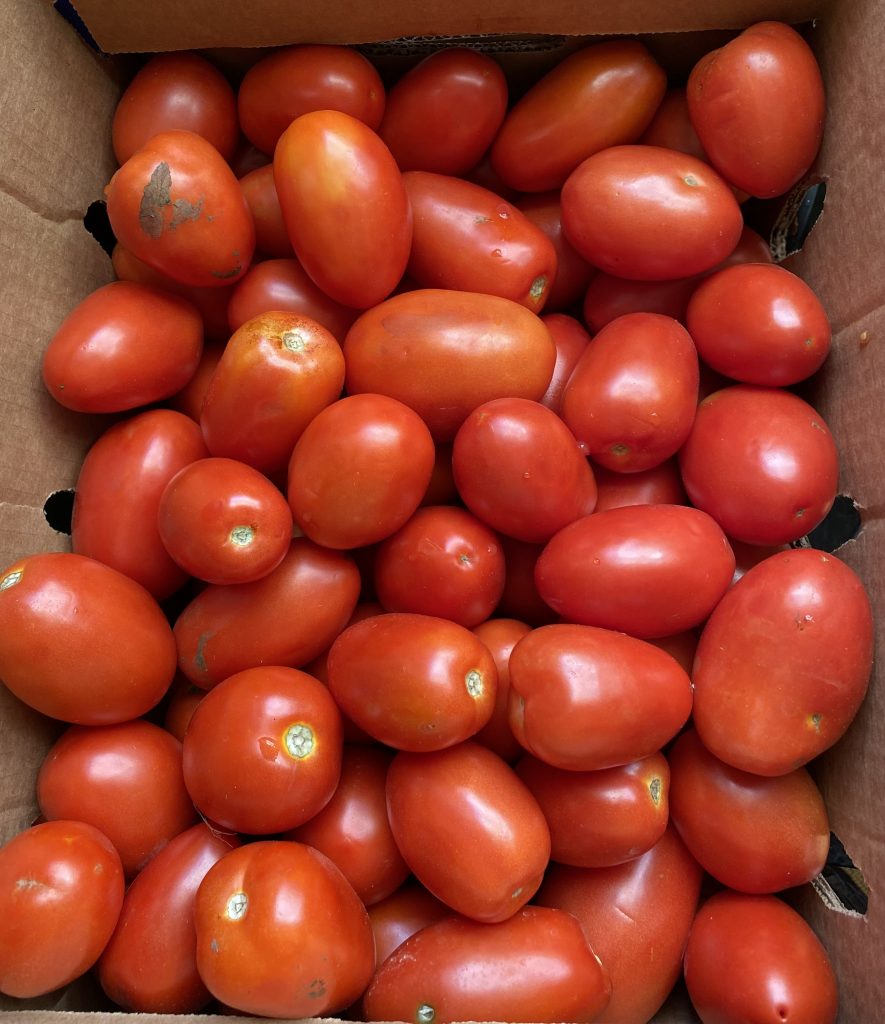 box of ripe Roma tomatoes