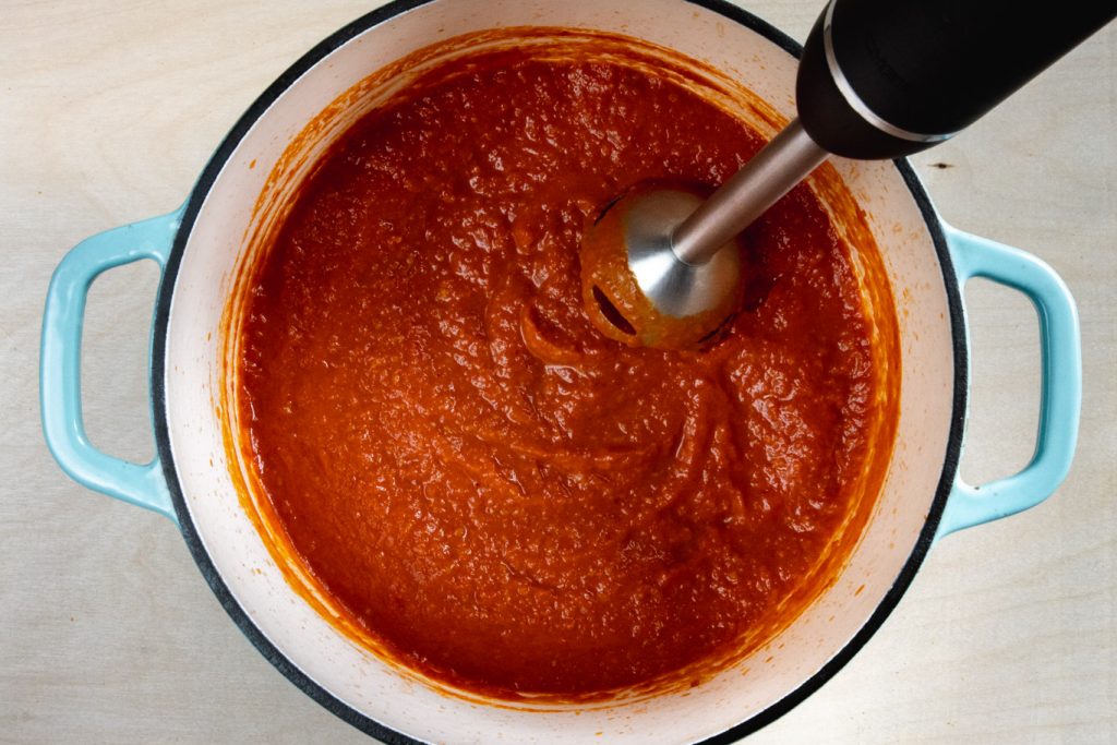 Blended smooth tomato sauce in dutch oven