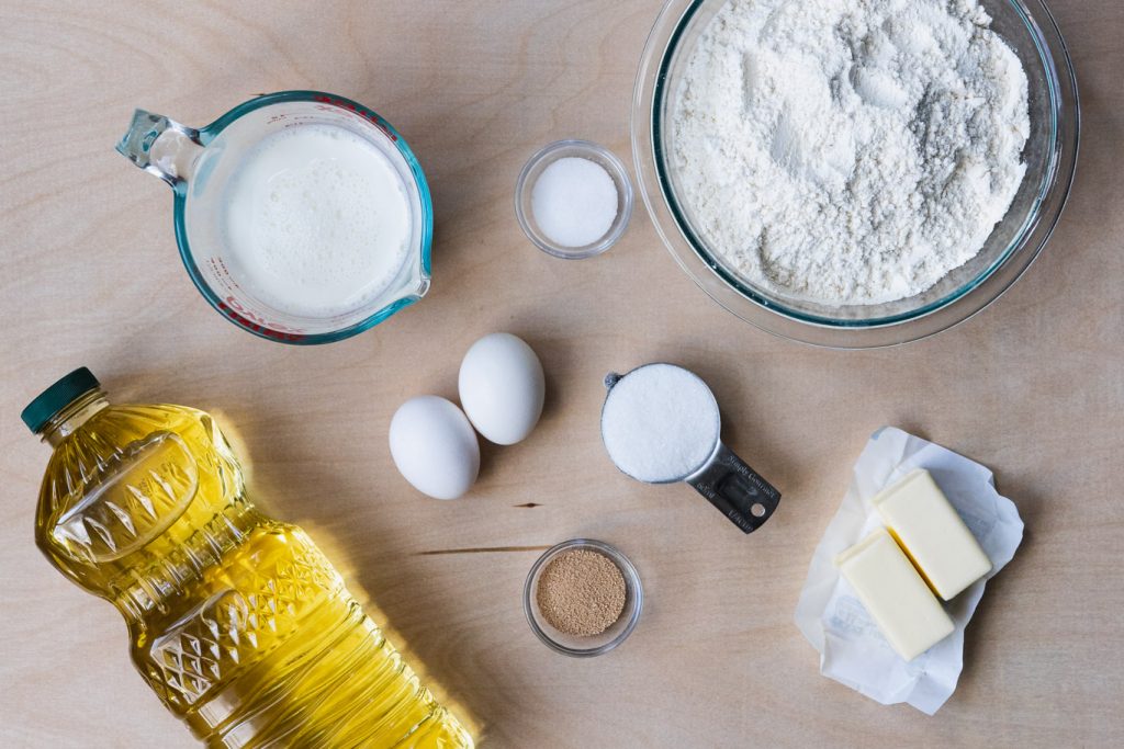 Canola oil, milk, eggs, sugar, yeast, all-purpose flour, butter, salt