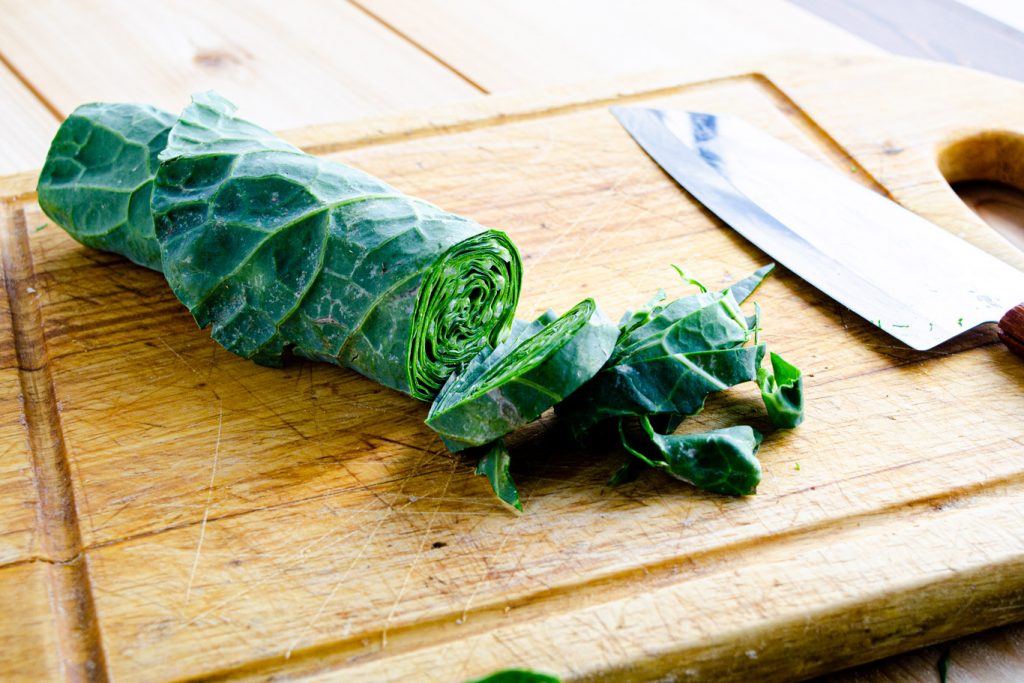 collard leaf rolled and sliced thinly