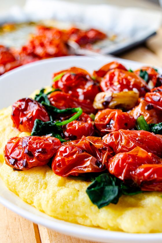 roasted cherry tomato sauce served over goat cheese polenta with spinach