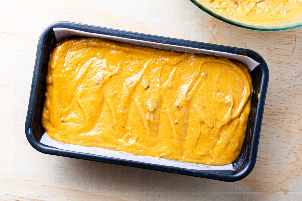 pumpkin batter in loaf pan