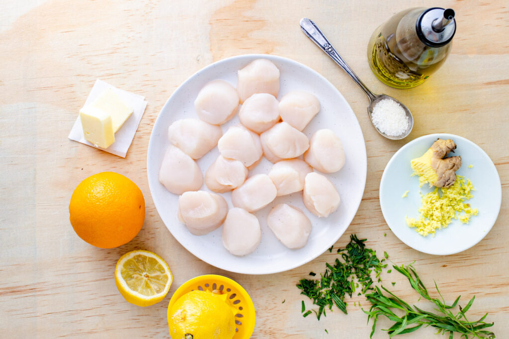 sea scallops with orange, butter, minced tarragon, and minced ginger