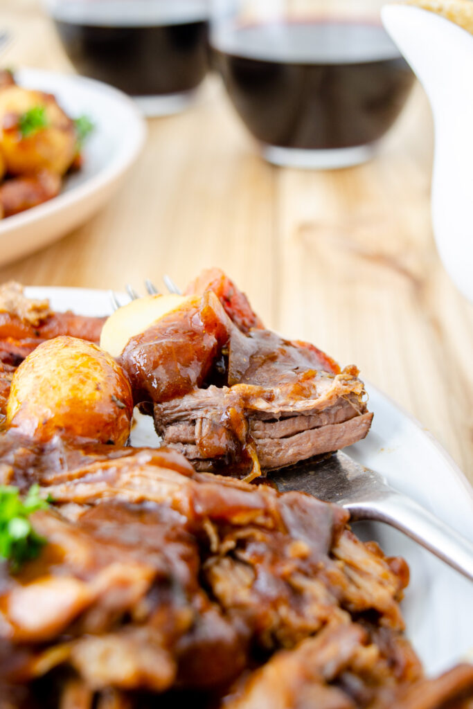 tender London broil with beef gravy