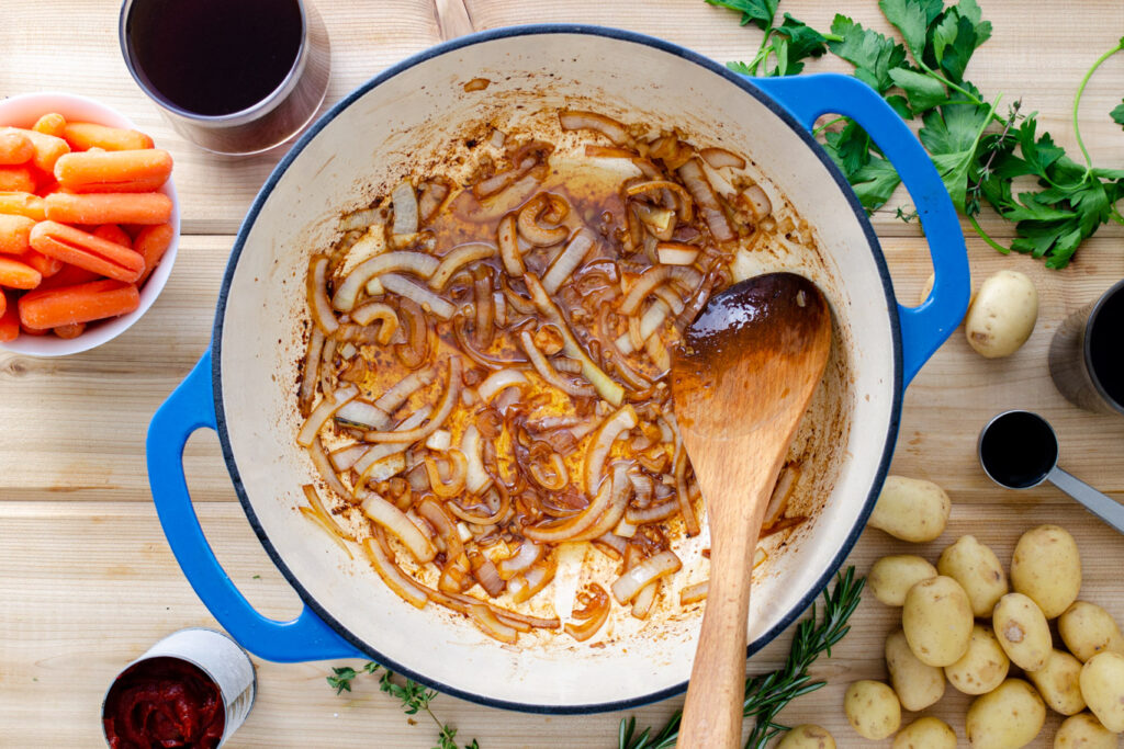 onion slices sautéed in Dutch oven