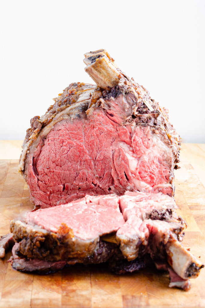 medium rare prime rib roast cooked with reverse sear method