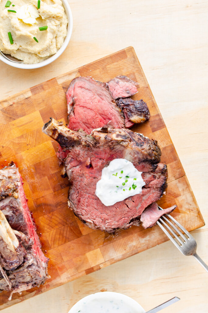 prime rib roasted to medium rare with horseradish sauce