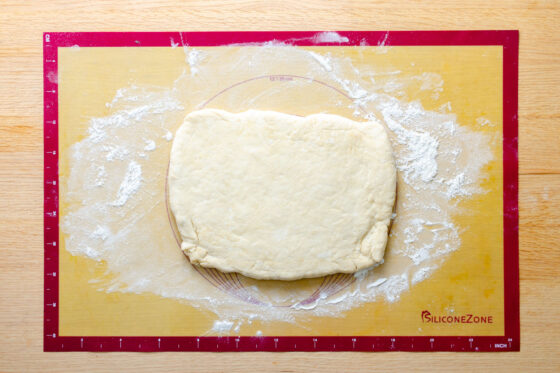 Pastry dough rolled out over flour