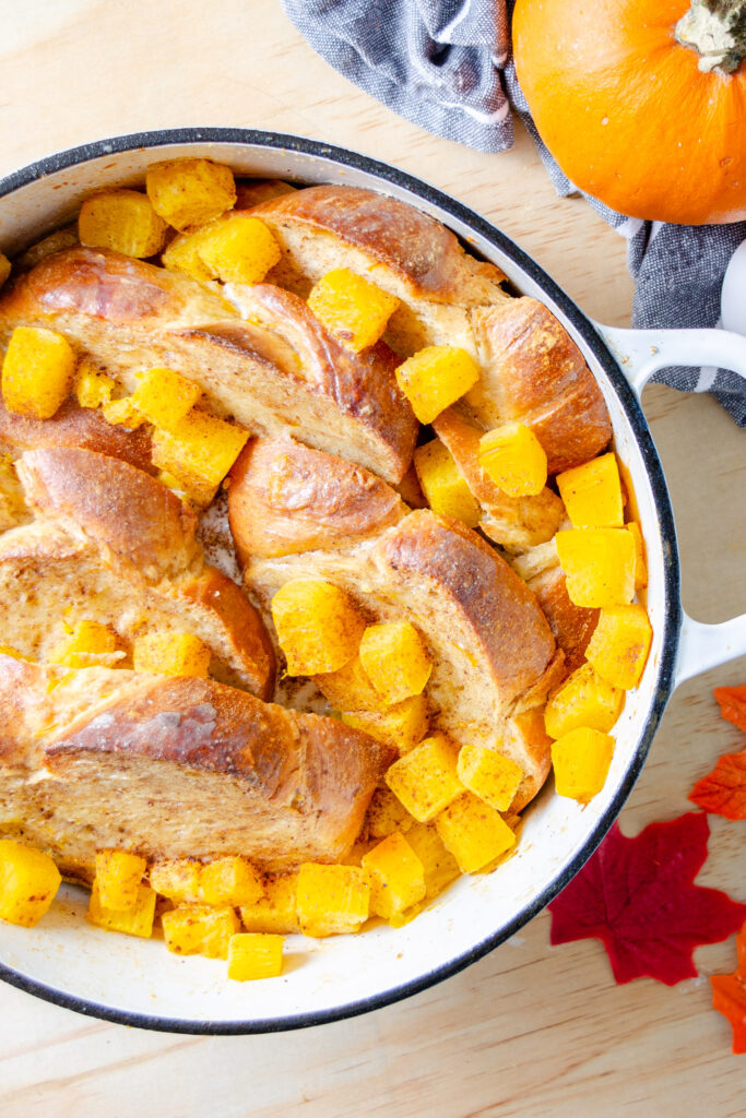 French toast casserole with pumpkin in Dutch oven