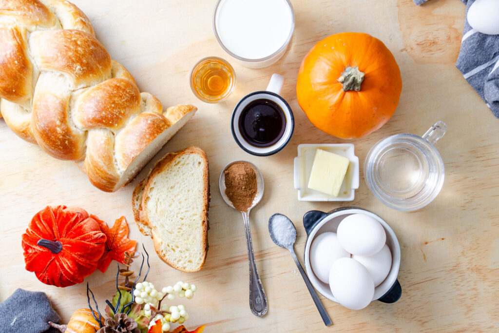 challah bread, maple syrup, pumpkin, eggs, pumpkin pie spice, butter, bourbon, and salt