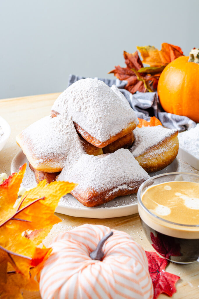 homemade Beignet donuts served with powdered sugar and coffee