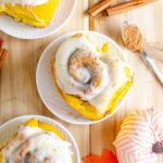 pumpkin cinnamon buns with cinnamon roll icing