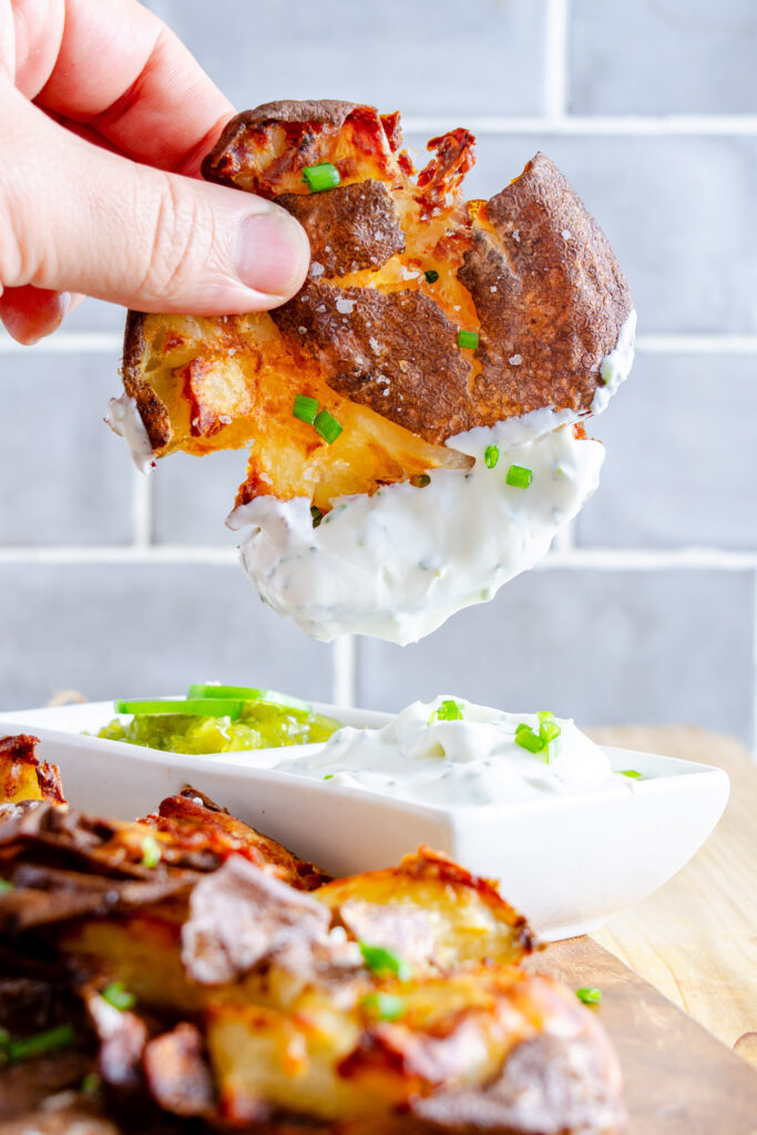 crispy smashed potato with homemade yogurt sauce
