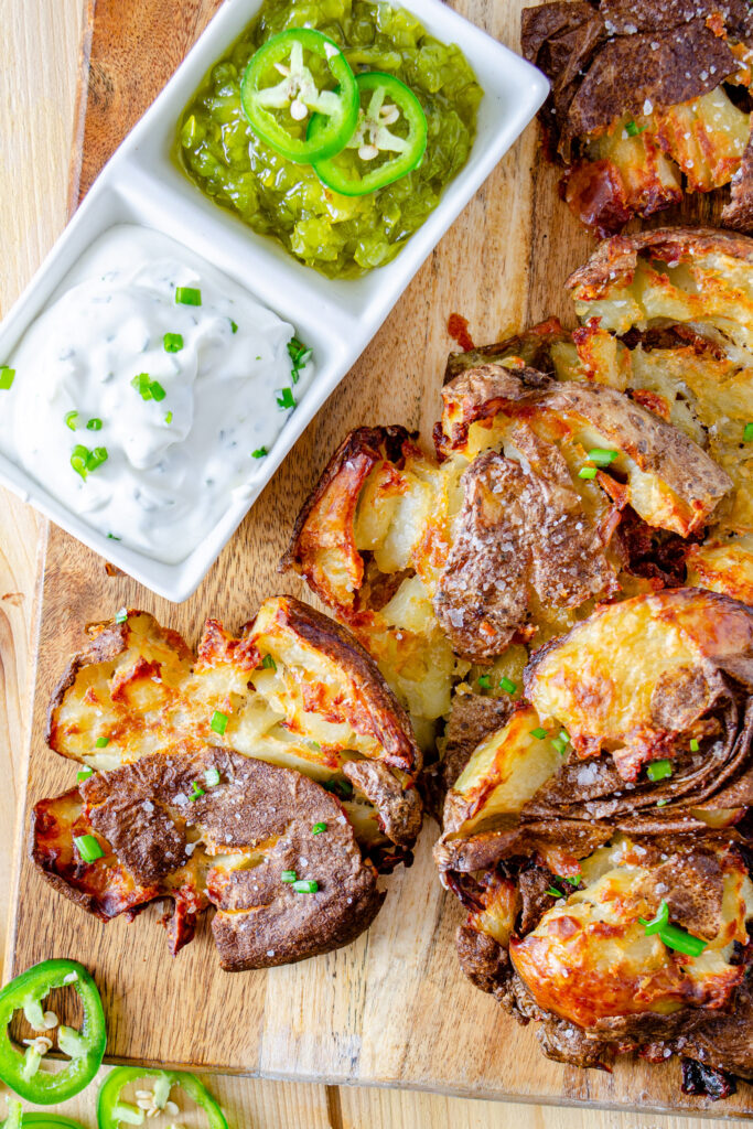 smashed potatoes roasted until crispy with condiments