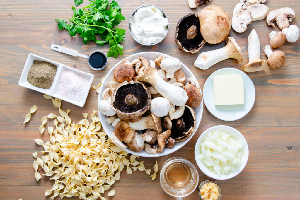 Ingredients: mushrooms, egg noodles, onion, butter, sour cream, wine, garlic, salt and pepper, parsley