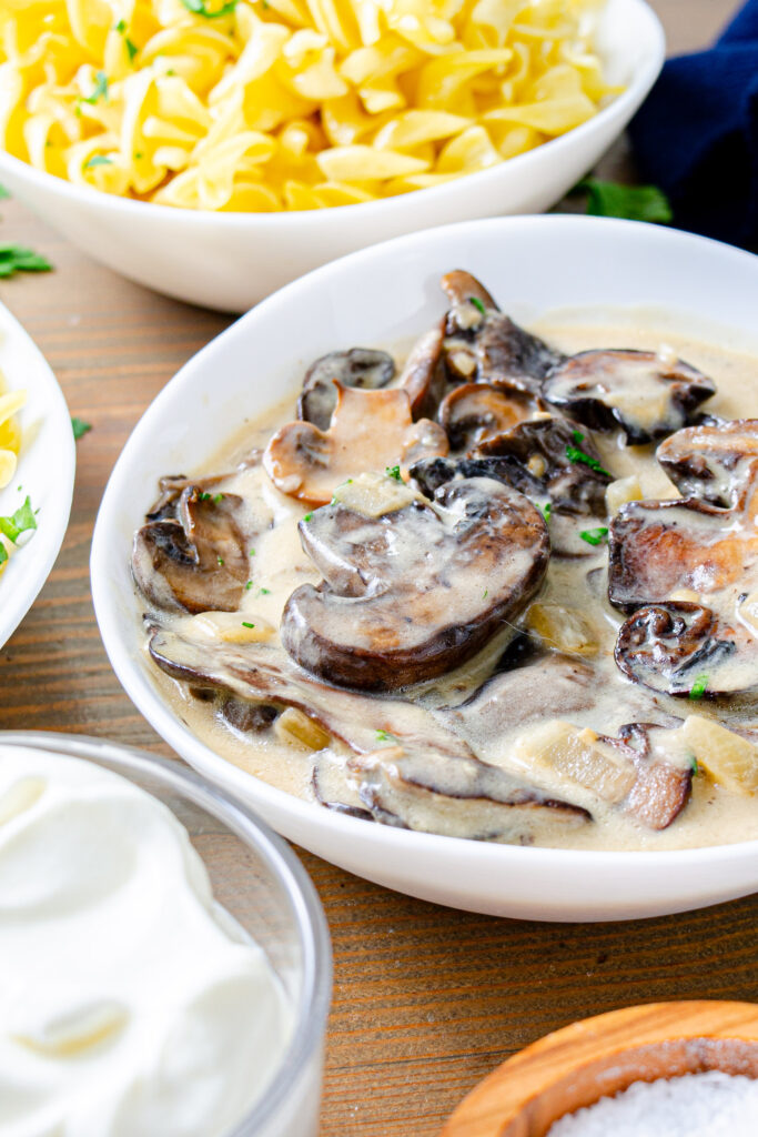 bowl of mushroom stroganoff with side of sour cream and egg noodles