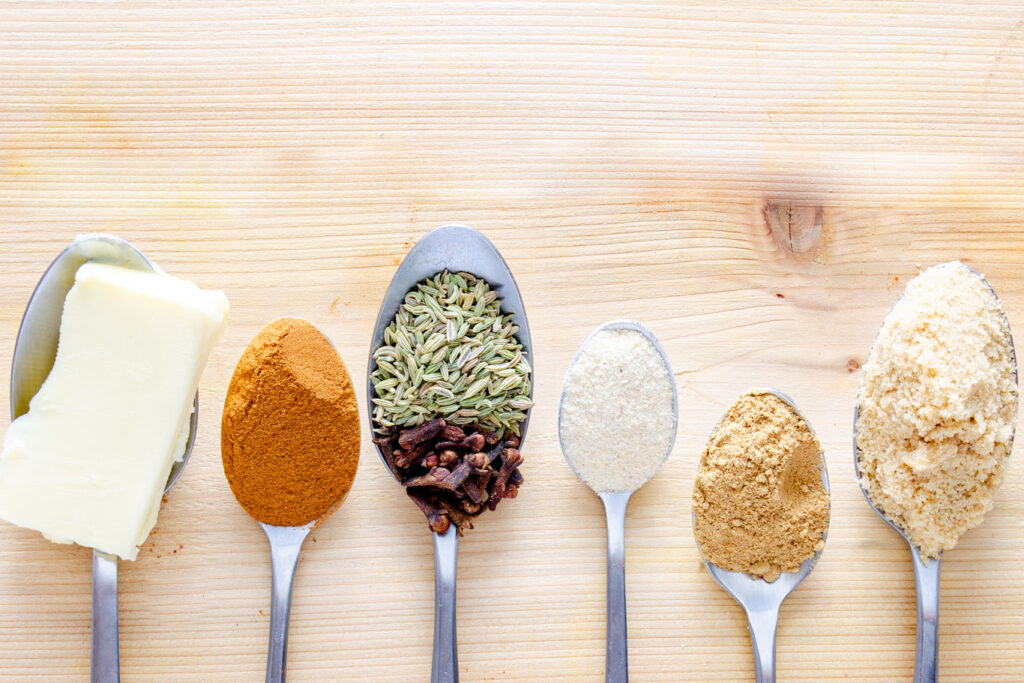 butter, ground cinnamon, fennel seeds, whole cloves, ground ginger, and brown sugar