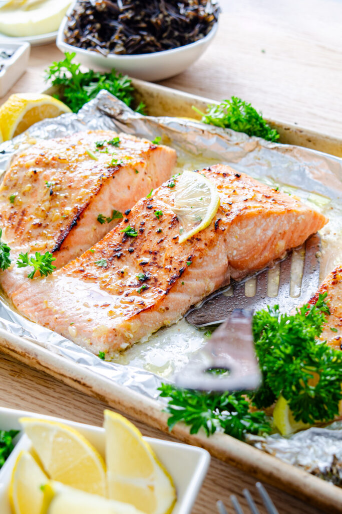 broiled salmon with honey mustard marinade on sheet tray