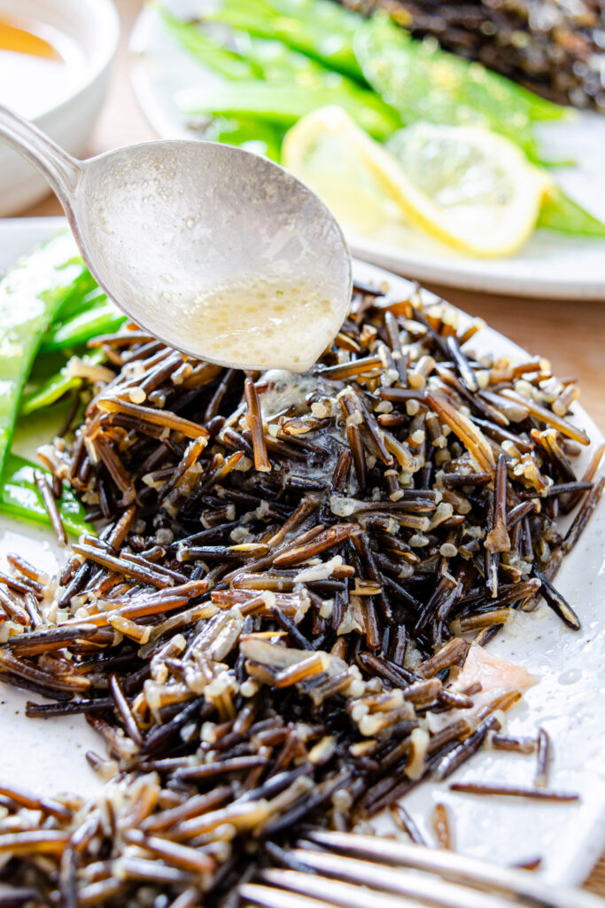 honey mustard sauce drizzled over rice