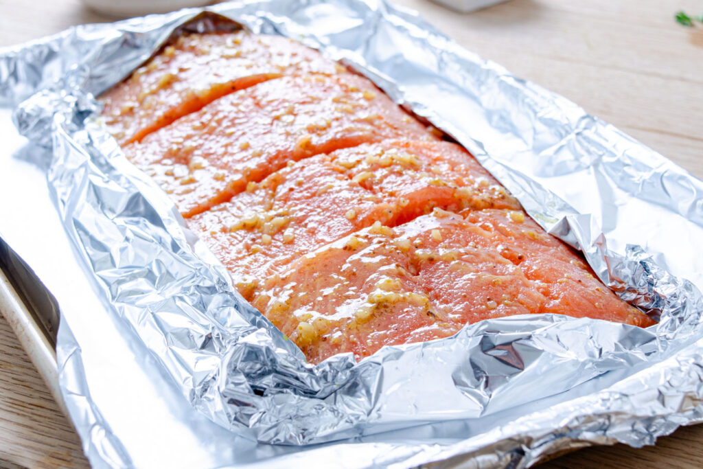 salmon with a light coating of honey mustard marinade