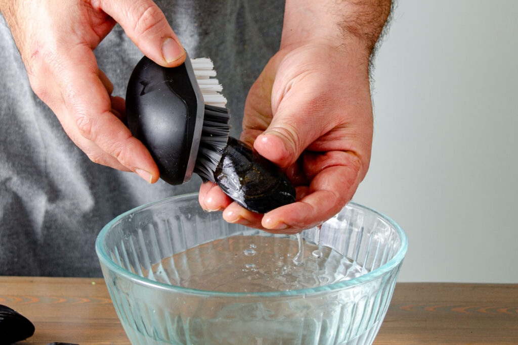 scrub mussel to clean