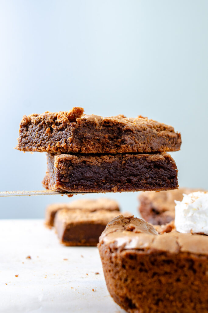 fudgy brownies on a spatula