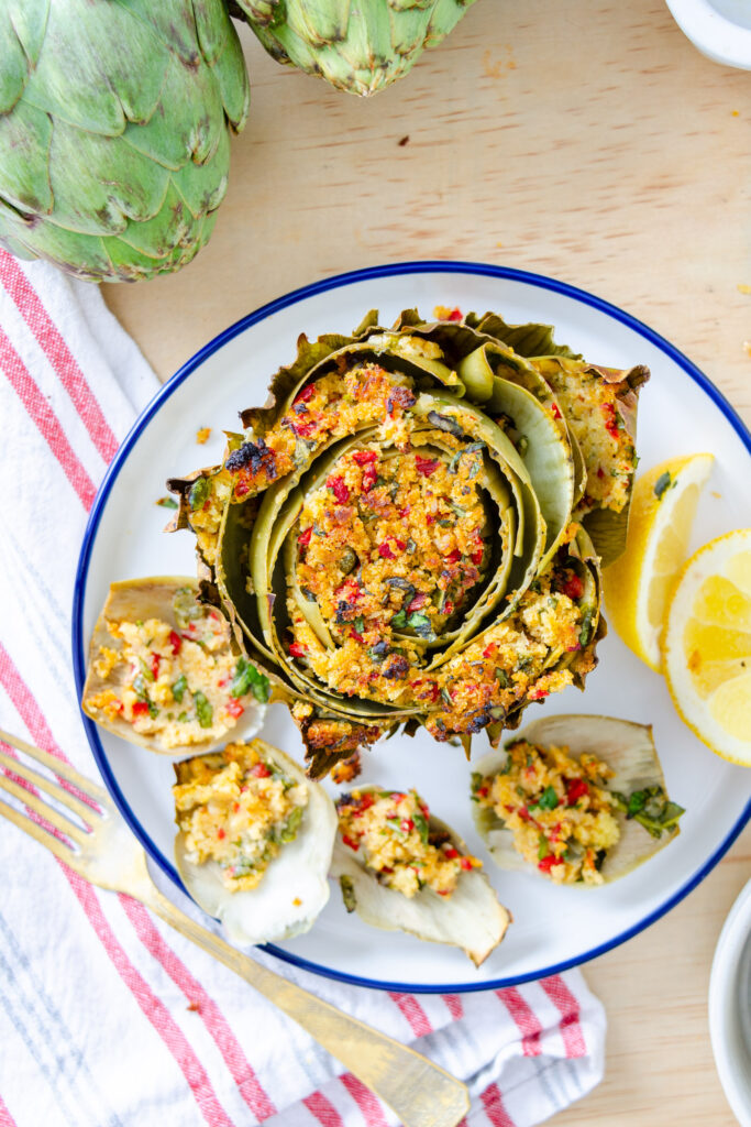 whole stuffed artichoke with breadcrumb filling