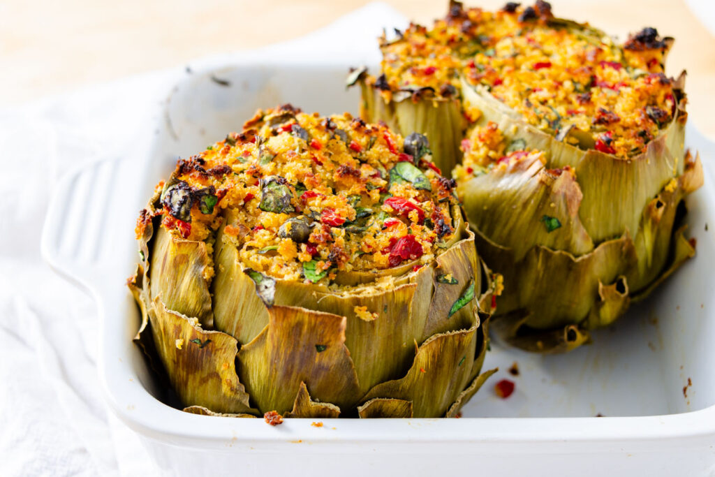 artichokes in baking dish