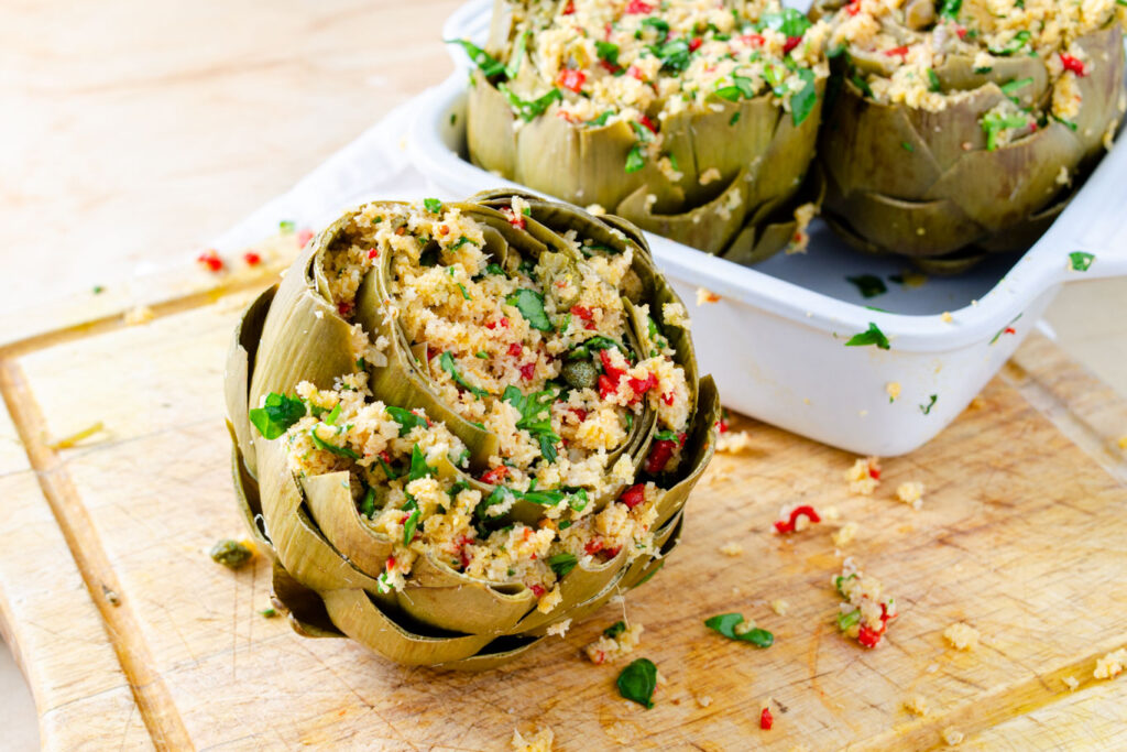 artichokes steamed and stuffed with breadcrumb filling