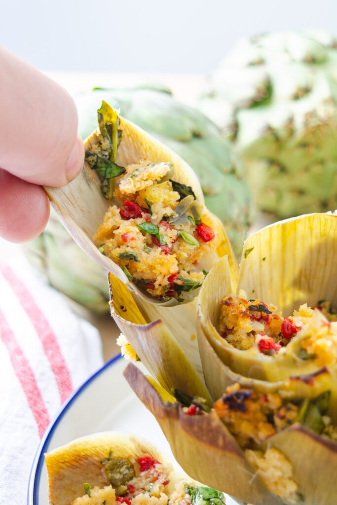 tender artichoke petal with breadcrumb lemon and olive oil filling