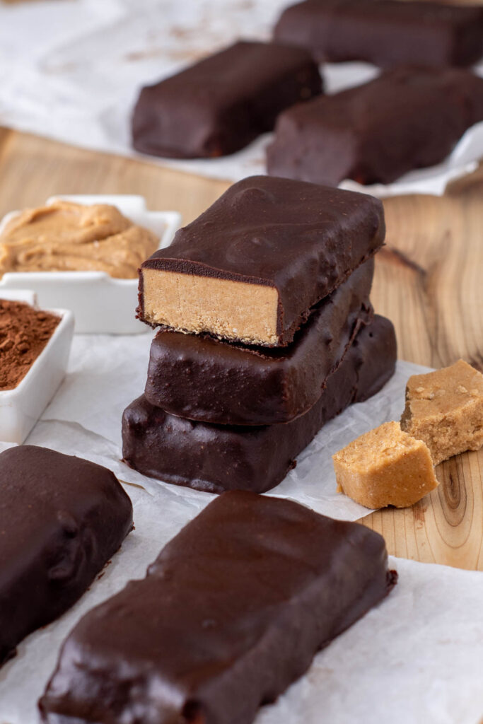 peanut butter protein bars dipped in chocolate