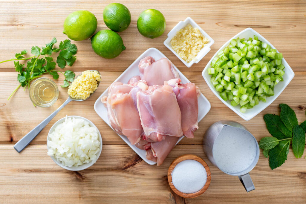 chicken, lime, cilantro, celery, garlic, ginger, chiles, onion, salt, coconut milk